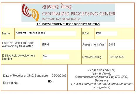 T Copy Of ITR Acknowledgement For E Filing Return After Filling ITR V At Bangalore