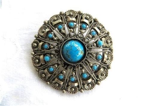 Vintage Silver Filigree Turquoise Brooch Tribal Handmade Pendant