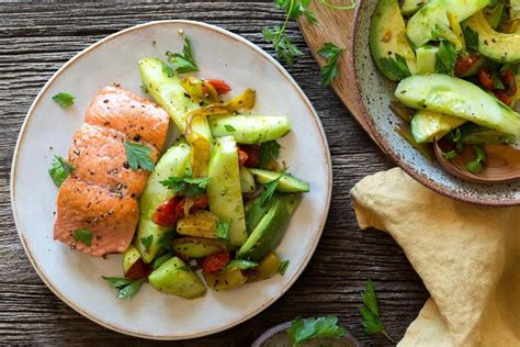 Salmon With Roasted Cherry Tomatoes And Avocado Cucumber Salad Sunbasket