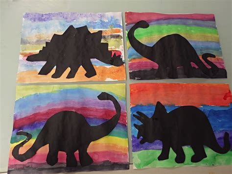 2nd Grade Dinosaur Silhouettes Watercolor Background Black Paper