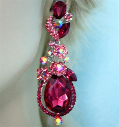 Hot Pink Teardrop Chandelier Earrings Rhinestone By Bizarrejewels