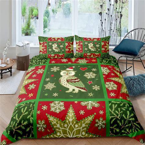 Zjedm Queen Size Duvet Cover Green Christmas Owl Soft