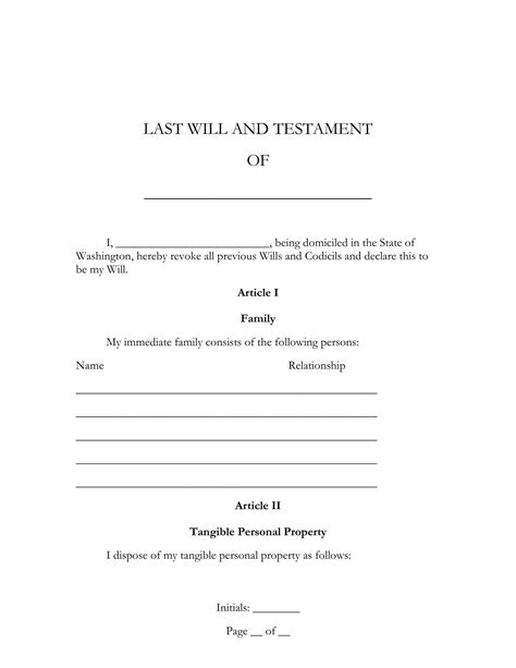 {name, address, any other relevant information of person writing will}. Free Washington (WA) Last Will and Testament Template | Fillable Forms