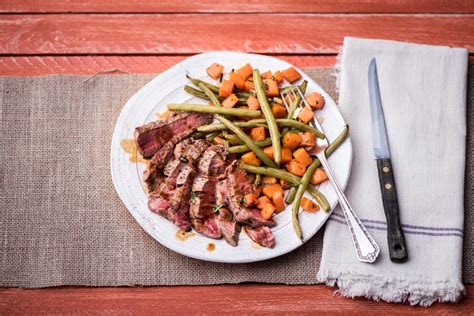 pan seared steak with roasted butternut squash and green beans almondine recipe hellofresh