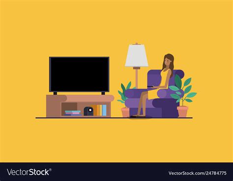 Young Woman Watching Tv On Livingroom Royalty Free Vector