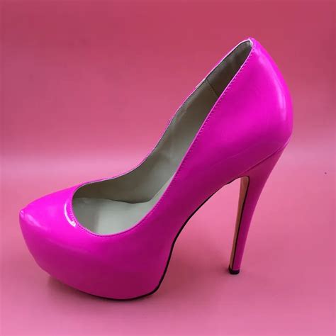 Sexy Hot Pink Patent Leather Women Pumps Thick Platforms High Heels