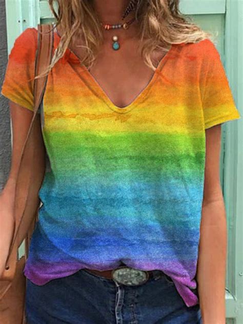 Women Casual Cotton Blend Rainbow Color Block V Neck T Shirt Zolucky