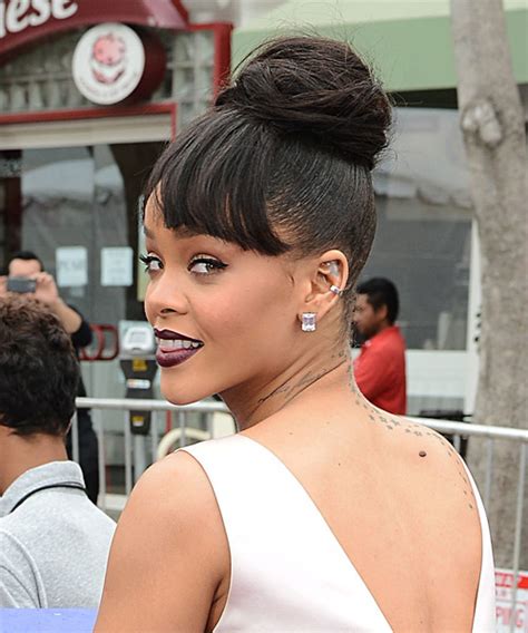 Rihanna Straight Dark Mocha Brunette Updo With Blunt Cut Bangs