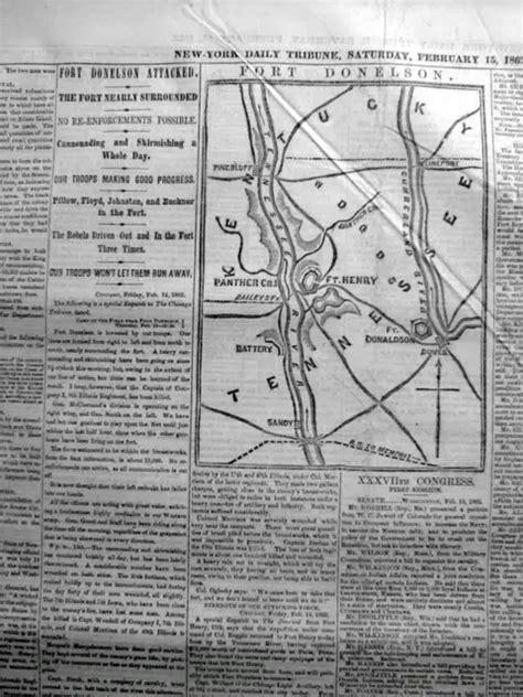1862 Civil War Newspaper W Map And Headlines The Battle Of Fort Donelson