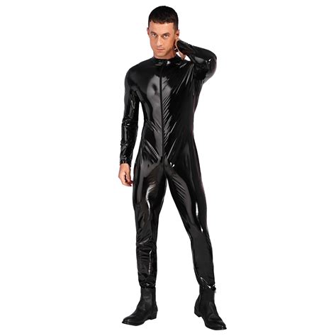 männer bodysuit wetlook langarm lackleder overall reißverschluss schritt catsuit ebay
