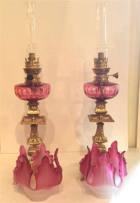 Pair french oil lamp antique victorian enameled glass bronze wall piano sconce. Stunning Pair Of Antique Ruby Glass Peg Oil Lamps in 2020 ...