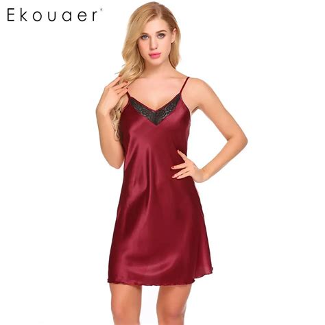 Ekouaer Women Sexy Chemises Nightdress Spaghetti Strap Lace Patchwork V Neck Strappy Mini Dress