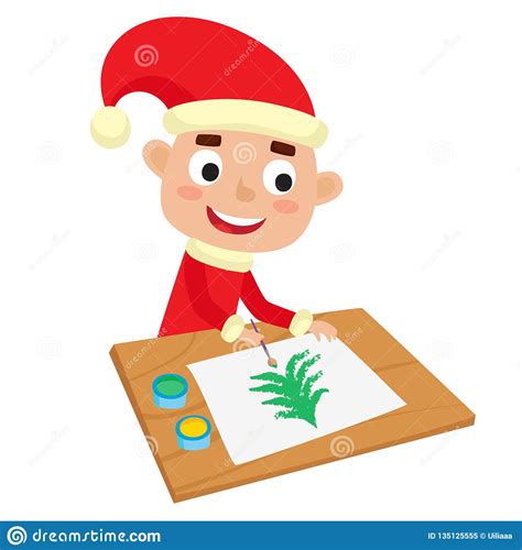 Little Santa Boy Artist At Table And Painting Chrismas Tree Stock