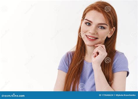 Close Up Tender Cheerful Redhead Girl With Long Hair Wear Makeup Tilt Head And Smiling With