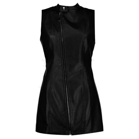Womens Asymmetric Zipper Front Real Sheepskin Black Leather Dress