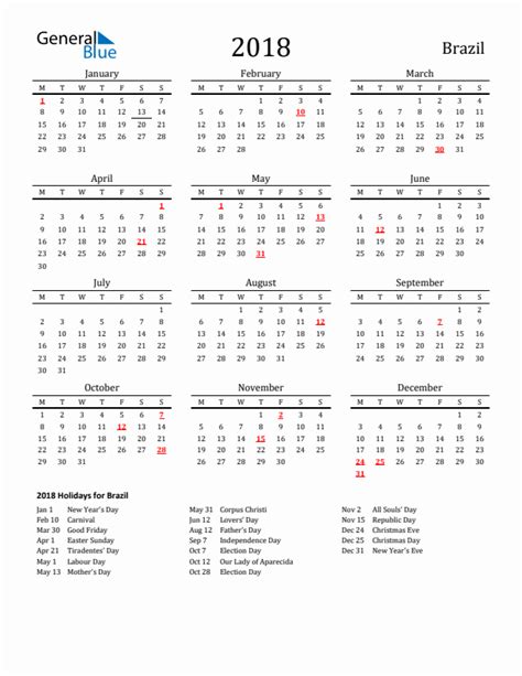 2018 Brazil Calendar With Holidays