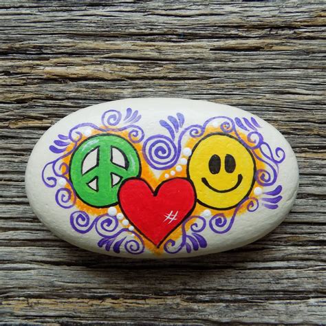 Peace Love Happiness Painted Rockdecorative Accent Stone Paperweight
