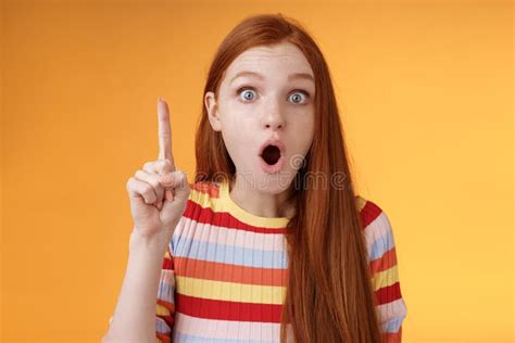 Wow Got Excellent Idea Excited Shocked Redhead Girl Open Mouth Raise