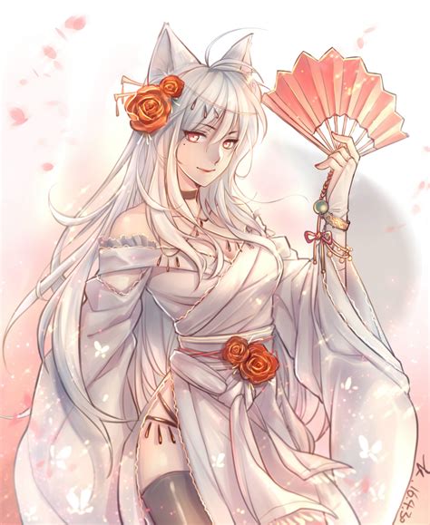 Image Elegan White Haired Kitsune Monster Girl