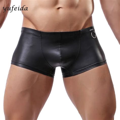 Buy Sexy Men Faux Leather Boxers Black Nylon Underwear Elastic Trunks Shorts