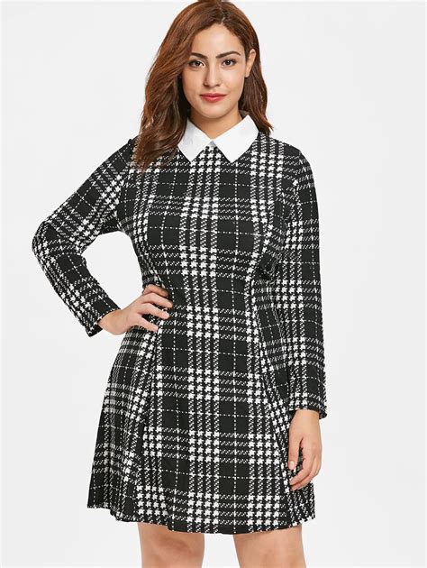 wipalo women plus size long sleeve plaid vintage dress fall winter ladies shirt collar fit and