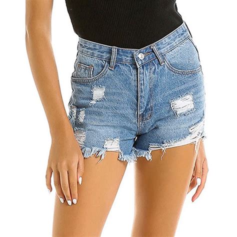 Moda Feminina Shorts De Cintura Baixa Lavada Rasgado Buraco Curto Mini Jeans Jeans Shorts De
