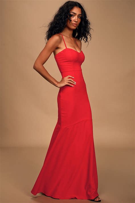sexy red gown bustier dress mermaid maxi dress lulus