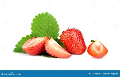 Closeup Photo Of Sliced Strawberries With Leaf Isolated Stock Photo