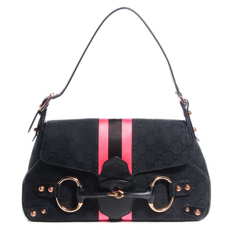 Gucci Monogram Horsebit Web Flap Bag Black Pink 97637