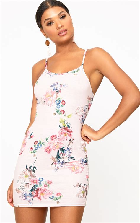 Pink Floral Strappy Bodycon Dresses Prettylittlething