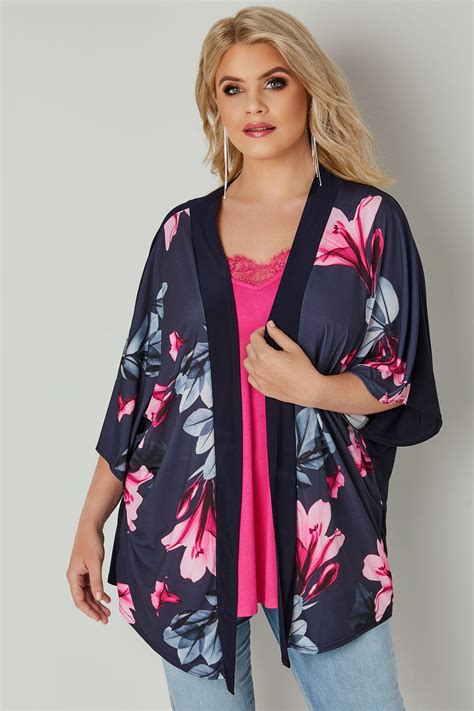 Navy And Pink Floral Print Slinky Kimono Plus Size 16 To 36