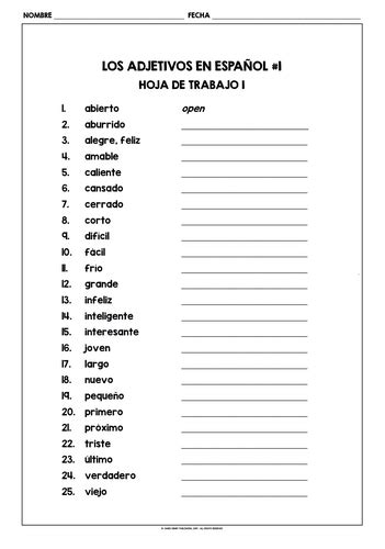 Spanish Adjectives Worksheets Freebie 1 Teaching Resources
