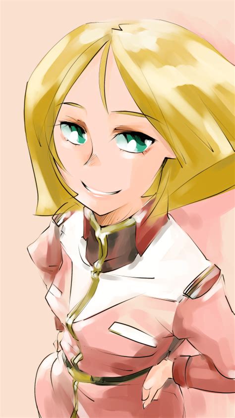 Safebooru 1girl Blonde Hair Green Eyes Gundam Hands On Hips Lips