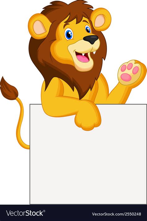 Happy Lion Cartoon Holding Blank Sign Royalty Free Vector