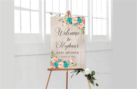 Rustic Baby Shower Welcome Sign Teal Coral Baby Shower Etsy