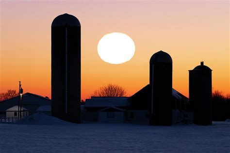 Country Morning Sunrise Over Rural America Farm Silos In
