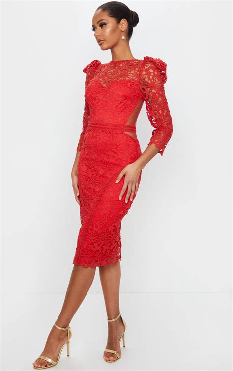 Red Lace Open Back Long Sleeve Midi Dress Prettylittlething Ca