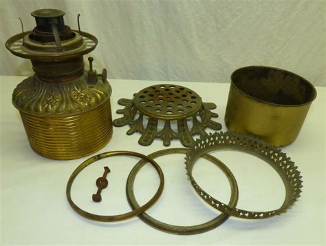 Antique Fostoria GWTW Oil Lamp Parts Brass Font Rings Burner Cast Iron Base Antique Oil