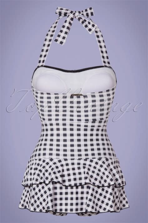 50s Classic Collar Gingham Halter Swimsuit In Black And White