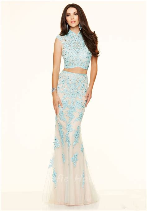 Mermaid High Neck Two Piece Long Champagne Lace Beaded Prom Dress With