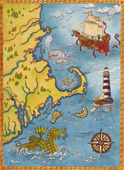 New England Coastal Map Cape Cod Sea Monster Art Print 8