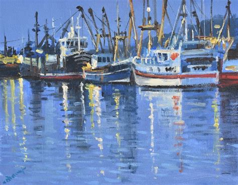 Richard Blowey Original Oil Painting Boats In A Cornish Harbour