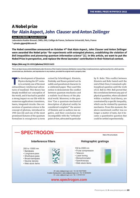 PDF A Nobel Prize For Alain Aspect John Clauser And Anton Zeilinger