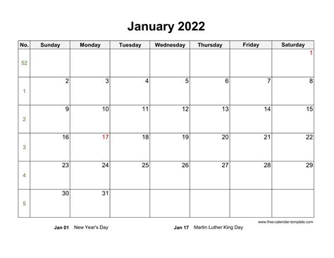 Free 2022 Calendar Blank January Template Horizontal Free Calendar