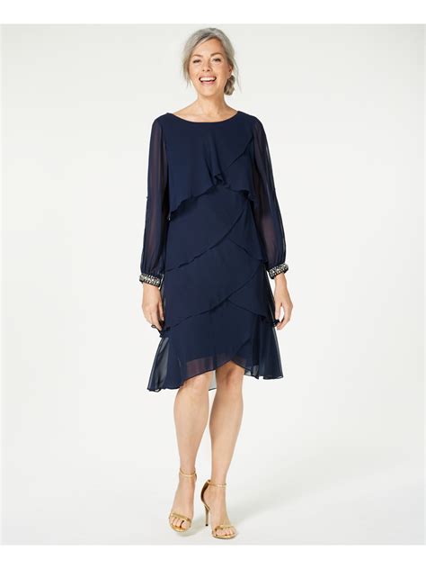 Slny Womens Navy Long Sleeve Knee Length Layered Evening Dress Plus Size 14 Ebay