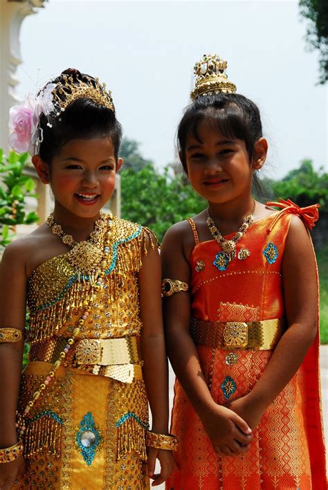 Two Happy Thai Children In Traditional Costume Traditional Dresses
