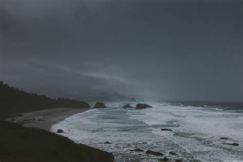 Stormy Weather Dark Clouds And Huge Waves On The Oregon Coast Sky