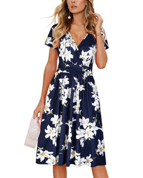 Ouges Womens Summer Short Sleeve V Neck Floral Short Party Dress With