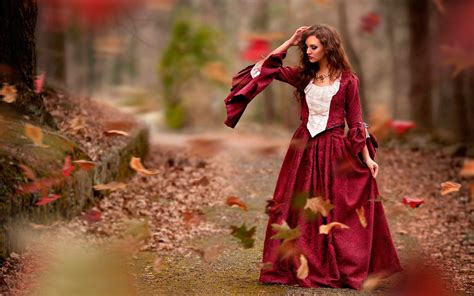 Wallpaper Autumn Leaves Red Dress Girl Wind 1920x1200 Hd Picture Image