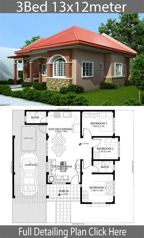 Home Design Plan 13x12m With 3 Bedrooms Bungalow House Design House